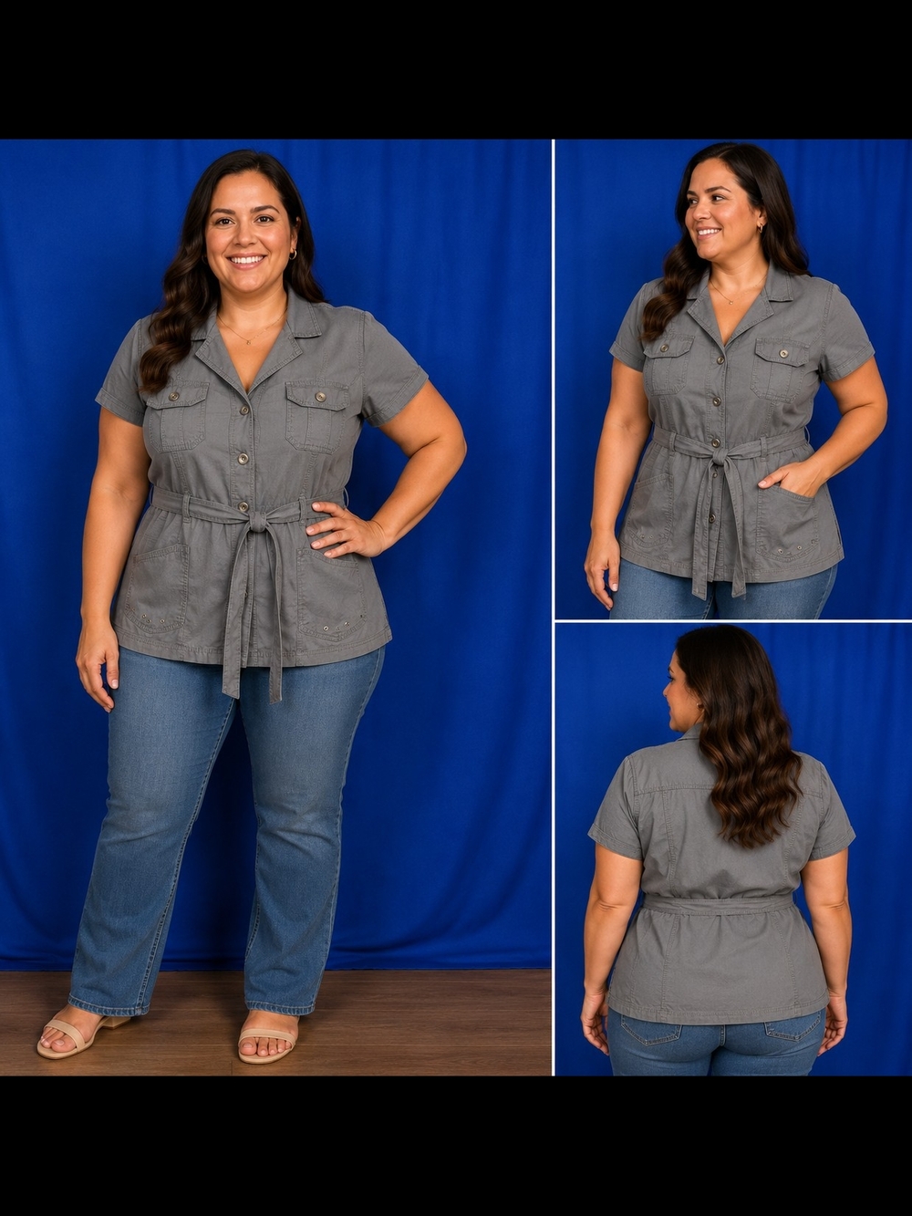 Style & Co Women's Short-Sleeve Utility Shirt with Tie Waist - Gray Size 14